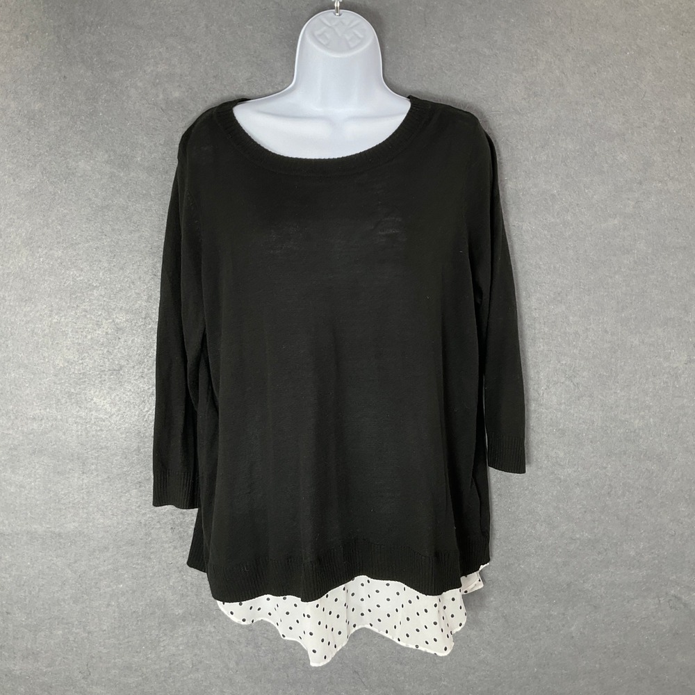 Roz &‎ Ali Layered Look Top Polka Dot Blouse 3/4 Sleeve Black White Knit 1X